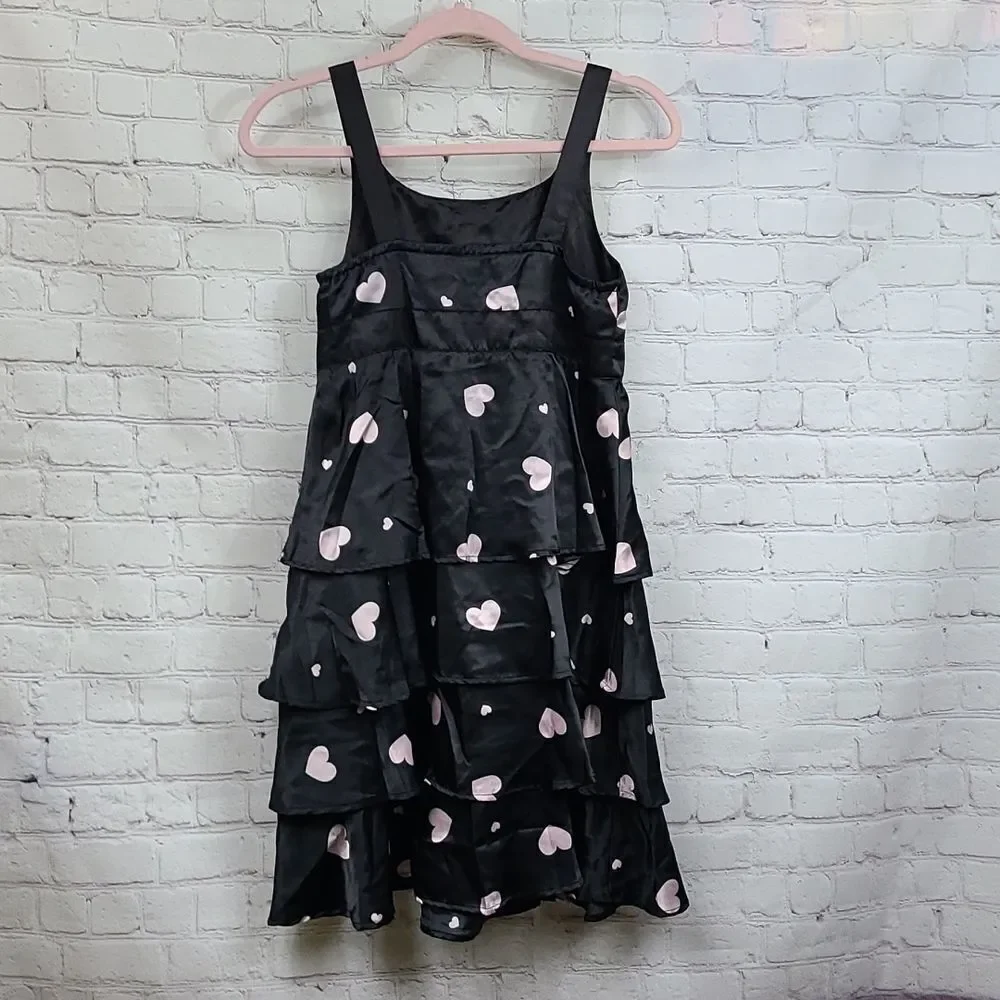 Justice Girls Heart Print Tiered Party Dress Black Pink Fit & Flare 14 Occasion